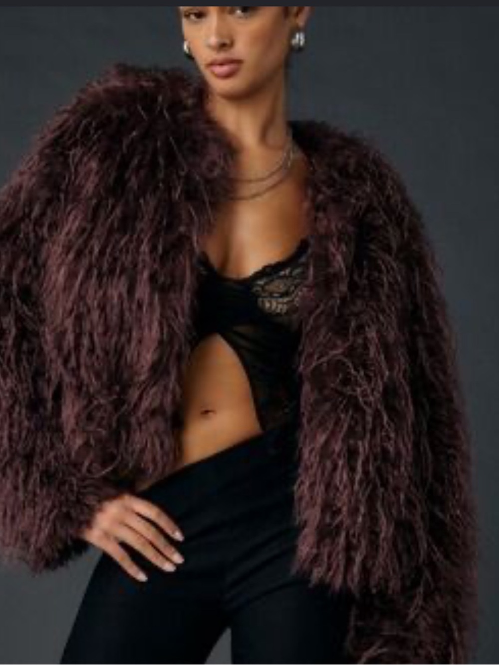 Kimichi Blue Melissa Cropped Faux Fur Shag Jacket in Deep Plum